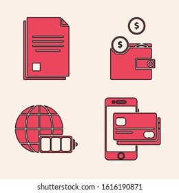 Set Mobile phone and credit card, File document, Wallet with coins and Battery charge level indicator with earth globe icon. Vector