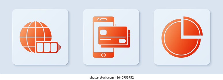 Set Mobile phone and credit card, Battery charge level indicator with earth globe and Pie chart infographic. White square button. Vector