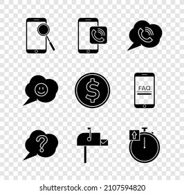 Set Mobile phone diagnostics, call, Speech bubble with, Question, Open mail box, Stopwatch, smile face and Coin money dollar icon. Vector