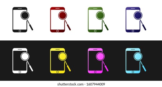 Set Mobile phone diagnostics icon isolated on black and white background. Adjusting app, service, setting options, maintenance, repair, fixing.  Vector Illustration