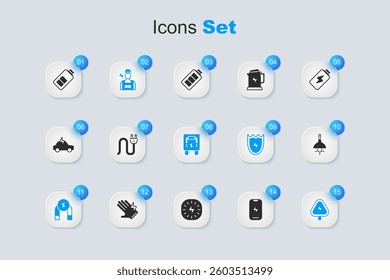 Set Mobile phone, Electric plug, Electrician, Magnet, High voltage, Lamp hanging, Battery charge and Electrical panel icon. Vector
