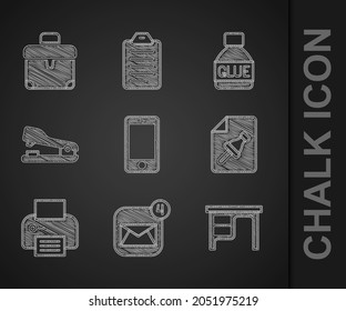 Set Mobile phone, Envelope, Office desk, Note paper with push button, Printer, Stapler, Glue and Briefcase icon. Vector