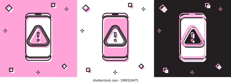 Set Mobile phone with exclamation mark icon isolated on pink and white, black background. Alert message smartphone notification.  Vector Illustration