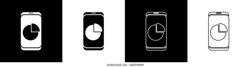 Set Mobile phone with graph chart icon isolated on black and white background. Report text file. Accounting sign. Audit, analysis, planning.  Vector Illustration