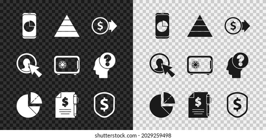 Set Mobile phone with graph chart, Pyramid infographics, Coin money dollar, Pie, Contract and pen, Shield, User of man business suit and Safe icon. Vector