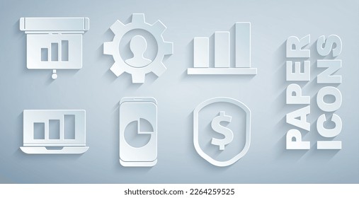 Set Mobile phone with graph chart, Pie infographic, Laptop, Shield dollar, Human gear inside and Graph, diagram, icon. Vector