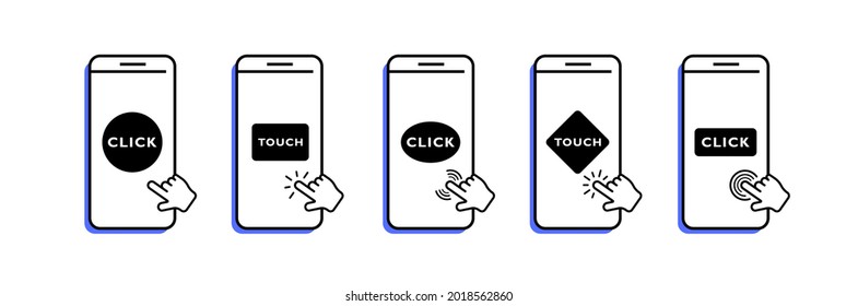 Set mobile phone with hand pointer. Touch and click smartphone screen. Clicking hand pointer on the screen phone. Vector illustration.