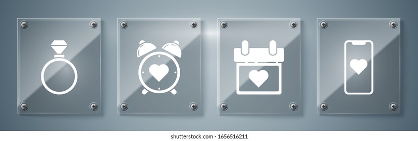 Set Mobile phone with heart, Calendar with heart, Heart in the center alarm clock and Wedding rings. Square glass panels. Vector