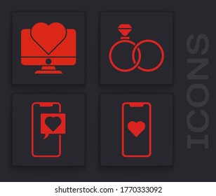 Handy mit Herz, Computer-Monitor mit Herz, Hochzeitsringe und Smartphone mit Herzblase Symbol. Vektorgrafik