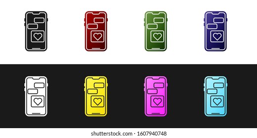 Set Mobile phone with heart icon isolated on black and white background. Valentines day.  Vector Illustration