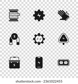 Set Mobile phone, High voltage, Electrical outlet, glove, Wire electric cable reel, Gear and lightning and Magnet icon. Vector