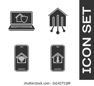 Set Mobile phone with house temperature, Laptop with house under protection, Mobile phone with smart home with wi-fi and Smart home icon. Vector