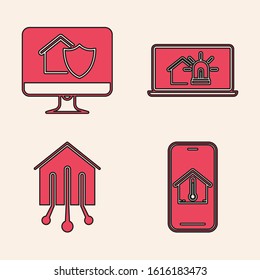 Set Mobile phone with house temperature, Computer monitor with house under protection, Laptop with smart house and alarm and Smart home icon. Vector Set Mobile phone with house temperature, Computer monitor with house under protection, Laptop with smart house and alarm and Smart home icon. Vector