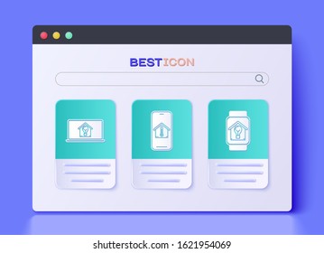 Set Mobile phone with house temperature, Laptop with smart house and light bulb and Smart watch with smart house and light bulb icon. Vector