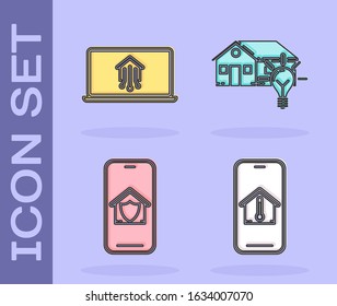 Set Mobile phone with house temperature, Laptop with smart home, Mobile phone with house under protection and Smart house and light bulb icon. Vector