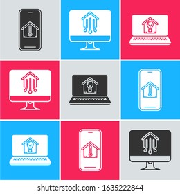 Set Mobile phone with house temperature, Computer monitor with smart home and Laptop with smart house and light bulb icon. Vector