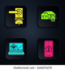 Set Mobile phone with house temperature, Digital door lock with wireless technology for unlock, Laptop with smart home with wi-fi and Smart house and alarm. Black square button. Vector
