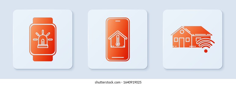 Set Mobile phone with house temperature, Smart watch with smart house and alarm and Smart home with wi-fi. White square button. Vector