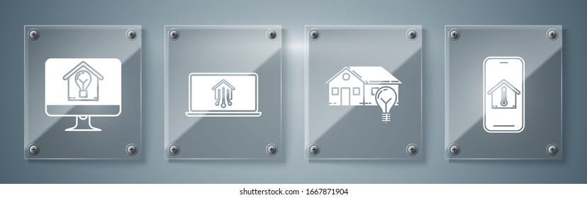 Set Mobile phone with house temperature, Smart house and light bulb, Laptop with smart home and Computer monitor with smart house and light bulb. Square glass panels. Vector