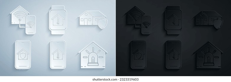 Ponga el teléfono móvil con la temperatura de la casa, la casa bajo protección, Smart y la alarma, mira y el icono de wi-fi en casa. Vector