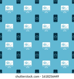 Set Mobile phone with house under protection and Computer monitor with smart home with wi-fi on seamless pattern. Vector