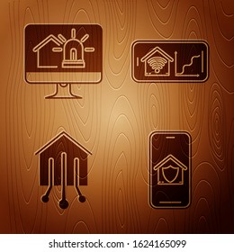 Set Mobile phone with house under protection, Computer monitor with smart house and alarm, Smart home and Mobile phone with smart home with wi-fi on wooden background. Vector