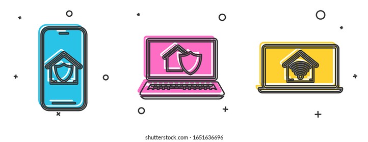 Set Mobile phone with house under protection, Laptop with house under protection and Laptop with smart home with wi-fi icon. Vector