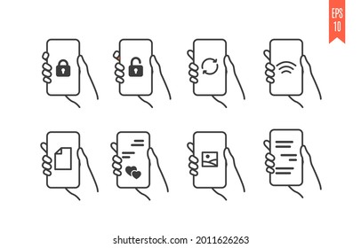 Set of mobile phone icons with different types of information on the screen. Line art vector symbols on white background. Locking the phone instructions, data security, wireless connection. 10EPS