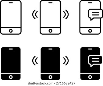 A set of mobile phone icons featuring a ringing phone, a phone with message notification, and a general mobile phone. These icons represent various mobile-related functions and are suitable for use in communication, mobile app design, and tech-related projects.