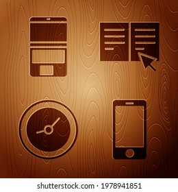 Set Mobile phone, Laptop, Clock and Online book on wooden background. Vector