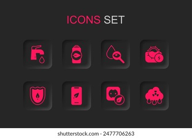 Set Teléfono móvil con hoja, batería de naturaleza ecológica, grifo de agua, toma eléctrica, molino, lluvia ácida nube radiactiva, gota y lupa y escudo icono. Vector