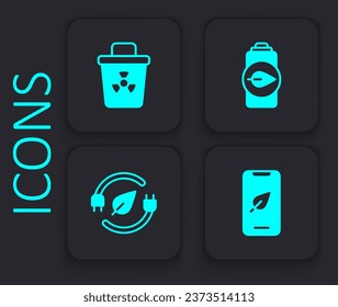 Set Mobile phone with leaf, Infectious waste, Eco nature battery and Electric saving plug in icon. Black square button. Vector