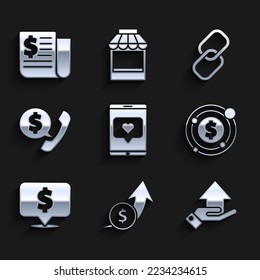 Set Mobile Telefon und wie mit Herz, Finanzwachstum Münze, Geld Hand, Ziel-Dollar-Symbol, Sprechblase, Telefon-Handy-Sprach-Chat, Kettenlink und Nachrichten-Symbol. Vektorgrafik