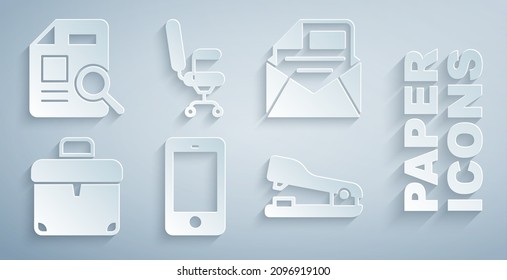 Set Mobile Phone, Mail And E-mail, Briefcase, Stapler, Office Chair And Document With Graph Chart Icon. Vector