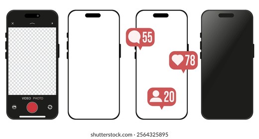 Set mobile phone Mockup isolated white background. Different mobile phone collection. Open camera window, blank screen, likes followers messages sign. Vector illustration.