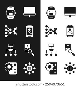 Set Mobile phone, Neural network, Chat bot, Computer monitor, Algorithm, Photo retouching,  and  icon. Vector