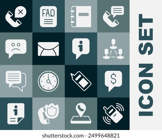 Set Mobile phone, Paid support, Employee hierarchy, Notebook, Mail and e-mail, Sad smile, Declined missed call and Information icon. Vector