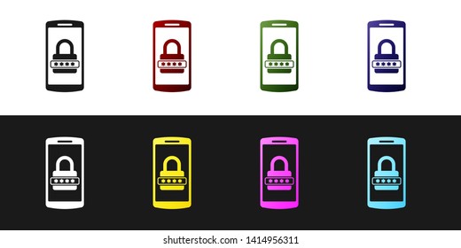 Set Mobile phone and password protection icon isolated on black and white background. Security, safety, personal access, user authorization, privacy. Vector Illustration