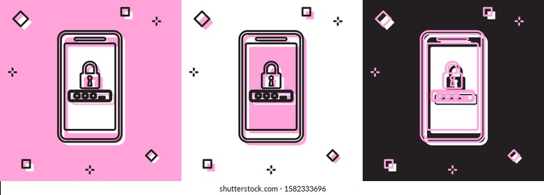 Set Mobile phone and password protection icon isolated on pink and white, black background. Security, safety, personal access, user authorization, privacy.  Vector Illustration