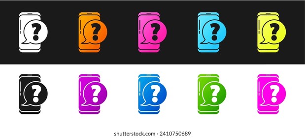 Establece el teléfono móvil con el icono de pregunta aislado en el fondo blanco y negro.  Ilustración vectorial
