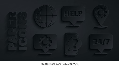 Handy mit Frage, Ortsanweisung, Uhr 24 Stunden, Sprechblase Text Hilfe und Telefon-Support Symbol. Vektorgrafik