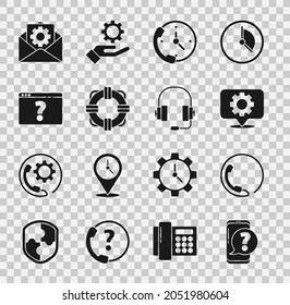 Set Mobile phone with question, Telephone 24 hours support, Location gear, Lifebuoy, Browser mark, Envelope setting and Headphones icon. Vector