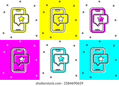 Set Mobile phone with review rating icon isolated on color background. Concept of testimonials messages, notifications, feedback.  Vector