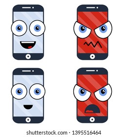 Set of Mobile phone with sad, crazy and happy face on screen. Broken smartphone. Problem with technique.Cute funny Cartoon flat illustration