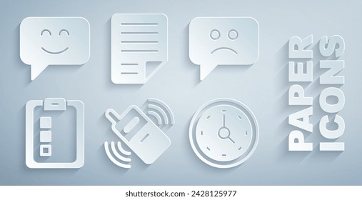 Set Mobile phone, Sad smile, Online quiz, test, survey, Clock, File document and Smile face icon. Vector