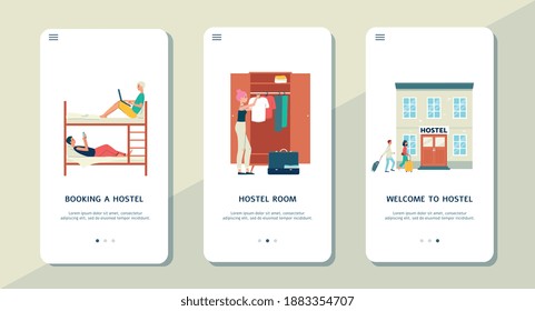 Set of mobile phone screens with app for choosing and booking hostel, cheap housing, motel or overnight room for tourists or travelers. Economy travel, trip. Vector illustrations