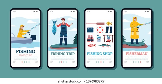 A set of mobile phone screens with app for fishing equipment shop, trip and adventure for catch fish, hobby, leisure and activity for fisherman. Vector illustrations.