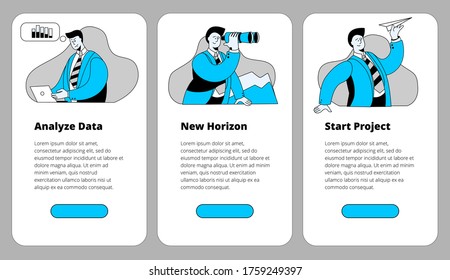 A set of mobile phone screens with illustrations on the topic of Analytics, choosing a direction and launching a new business. Vector illustrations with a businessman.