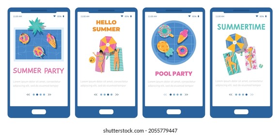 Set mobile phone screens with people relax near swimming pool. Men and women sunbathing on longues and floating on inflatable rings. Summer vacation and holiday on tropical resort.
