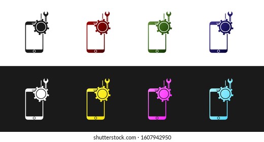 Set Mobile phone with screwdriver and wrench icon isolated on black and white background. Adjusting, service, setting, maintenance, repair.  Vector Illustration